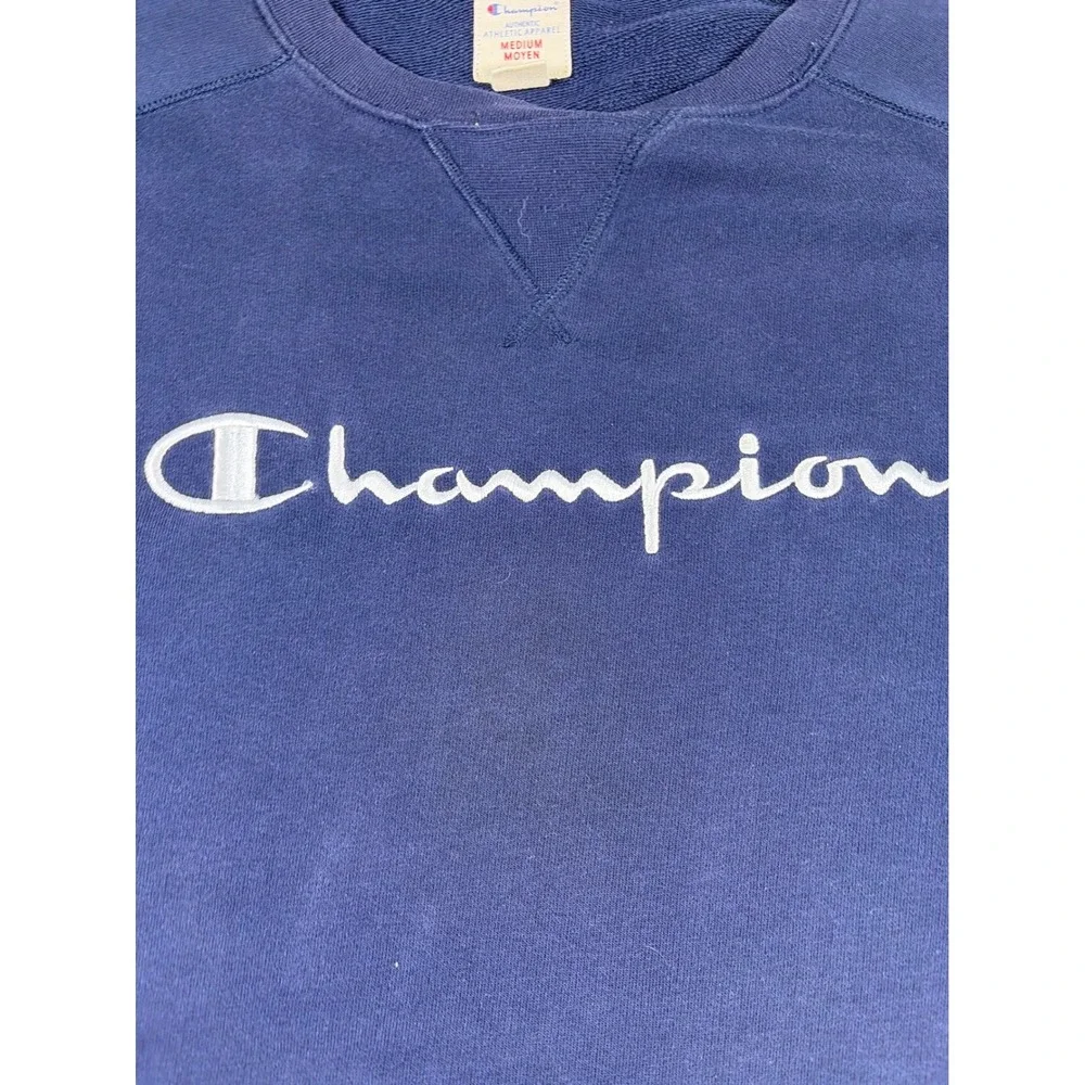 Champion Mens Navy Blue Script Logo Raglan Crewneck Sweatshirt Medium 3911411